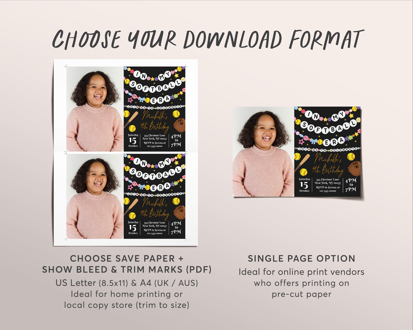 In My Softball Era Birthday Invitation With Photo Editable Template, Softball Friendship Bracelet Party Invite, Sports Black Gold Eras Evite