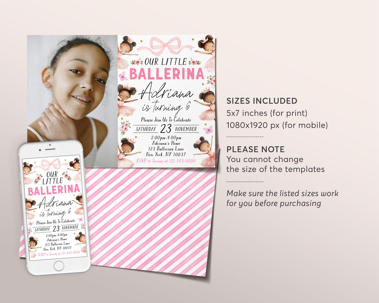 Ballerina Birthday Invitation With Photo Editable Template, Ballet Pink Tutu First Birthday Invite, Black Afro Ballerina Dance Floral Evite