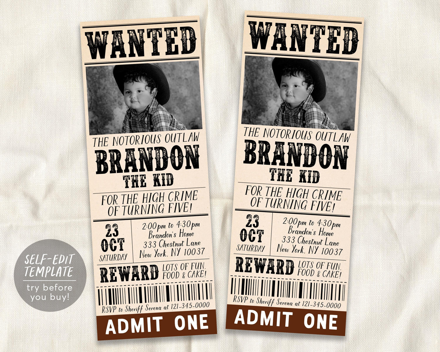 Wanted Poster Birthday Ticket Invitation Editable Template