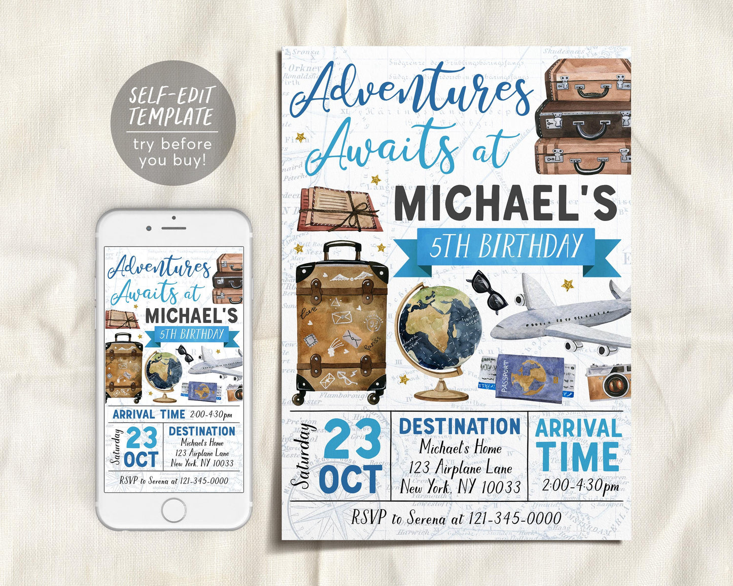 Adventure Awaits Travel Birthday Invitation Editable Template,