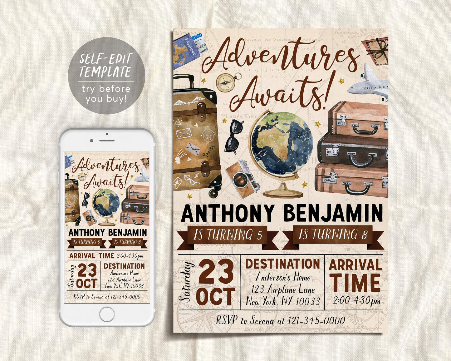 Adventure Awaits Travel Joint Siblings Birthday Invitation Editable Template