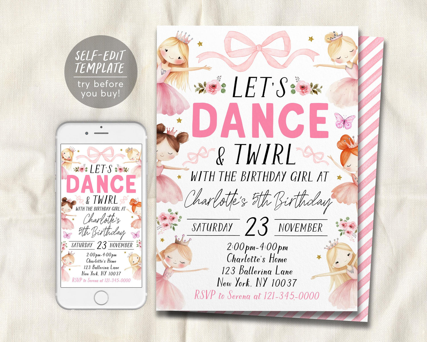 Ballerina Birthday Invitation Editable Template