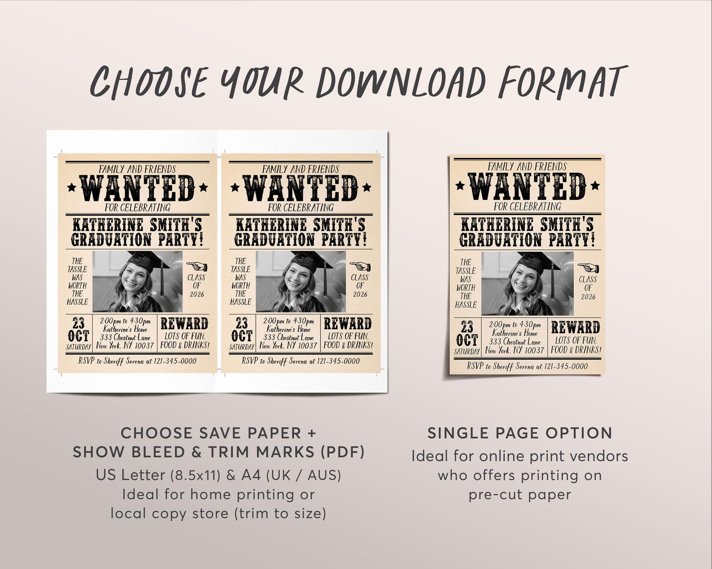Graduation Wanted Poster Invitation Editable Template, Senior Graduation Announcement Party Newspaper Invite, Grad College High School Evite