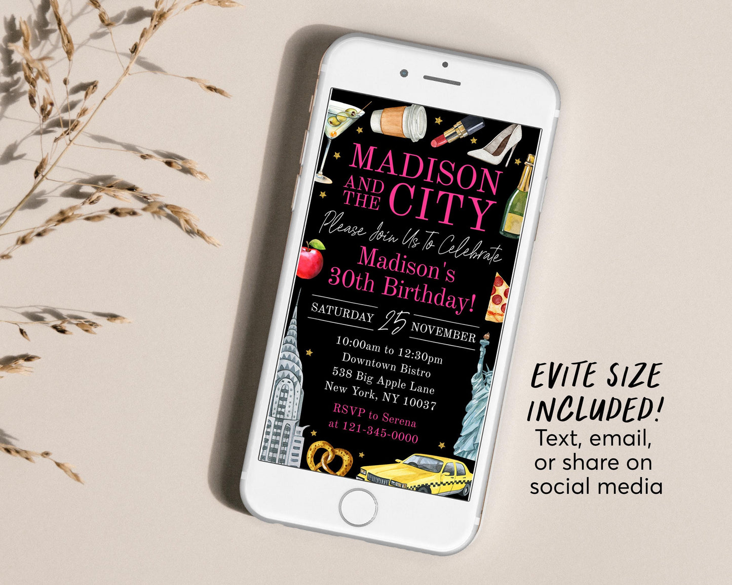 New York City Birthday Invitation Editable Template, And The City NYC Party Invite, Big Apple Adult Girls Night Out 30th Gold Black Evite