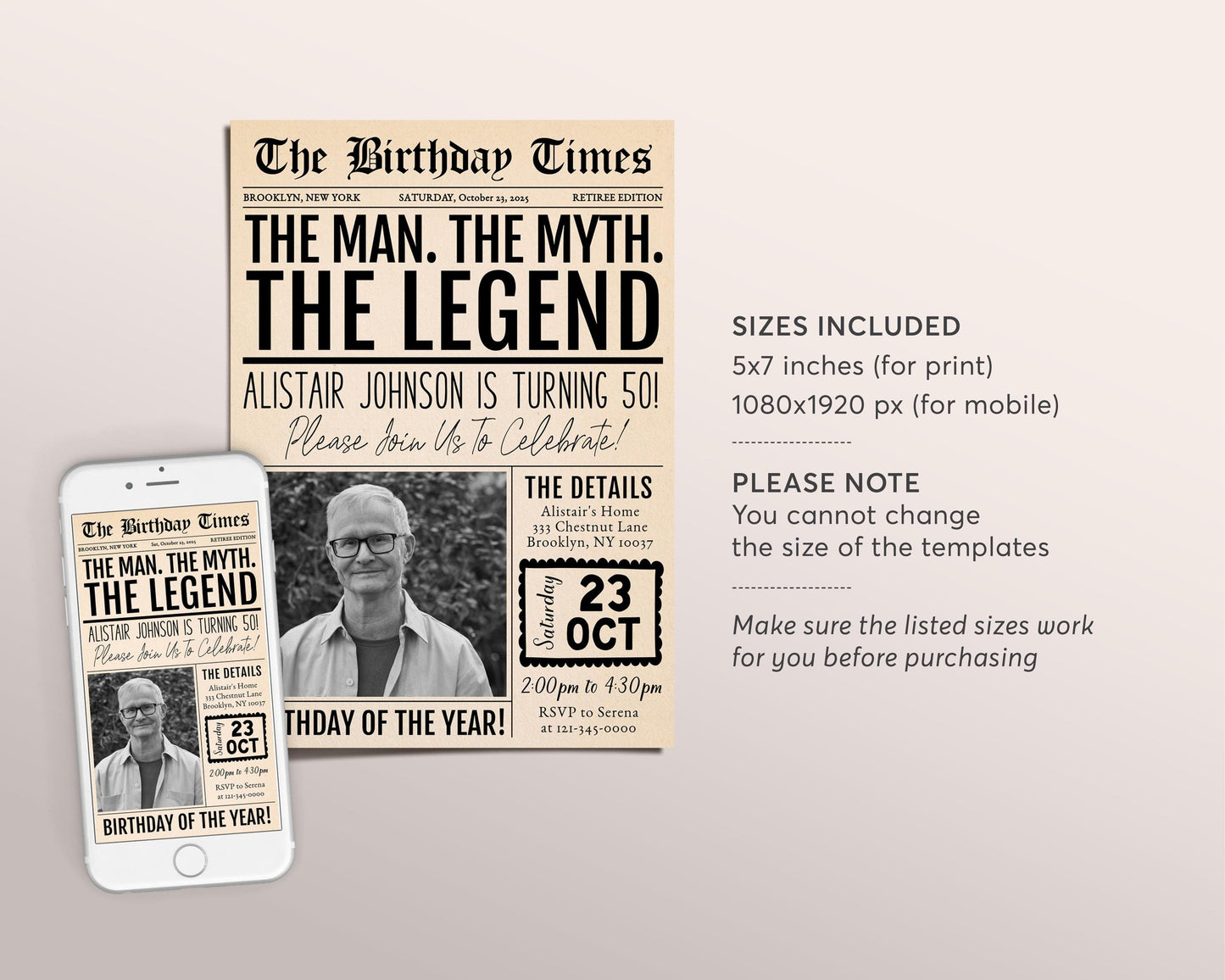 The Man The Myth The Legend Birthday Invitation Editable Template, Vintage Newspaper 30th 40th 50th Adult Birthday Party Invite With Photo