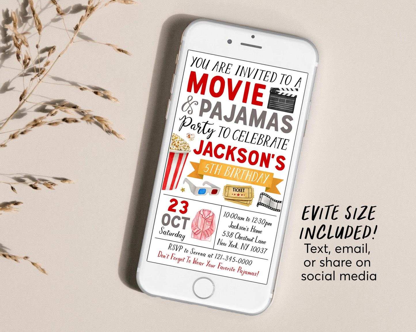 Movie and Pajamas Birthday Invitation Editable Template, Unisex Slumber Party Popcorn Cinema Movie Ticket Invite, Sleepover Kids Evite