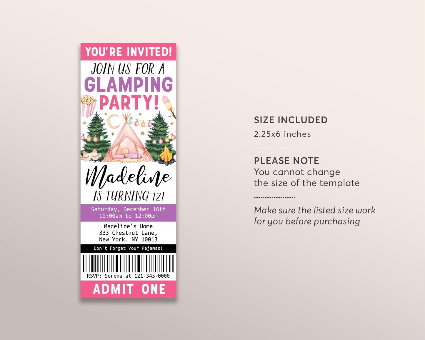 Glamping Birthday Ticket Invitation Editable Template, Girl Outdoor Camp Out Party Invite, Camping Tent Sleepover Hiking Bonfire Evite