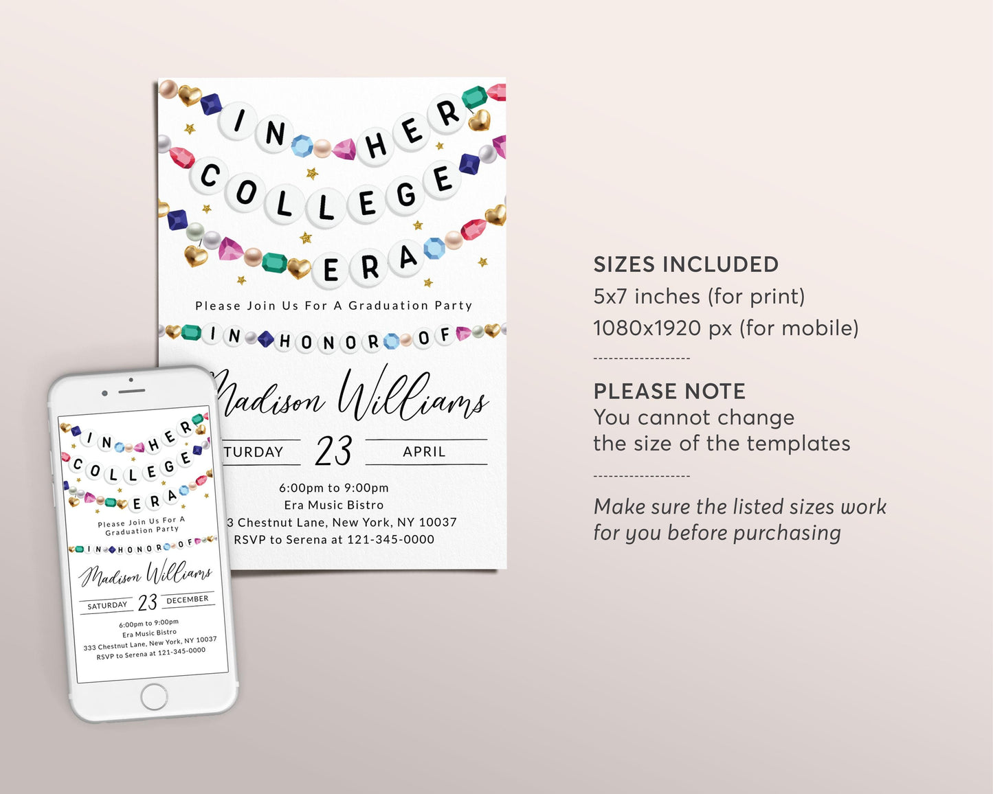 In Her College Era Birthday Invitation Editable Template, Graduation Announcement Friendship Bracelet Party Invite, Graduating Class Evite