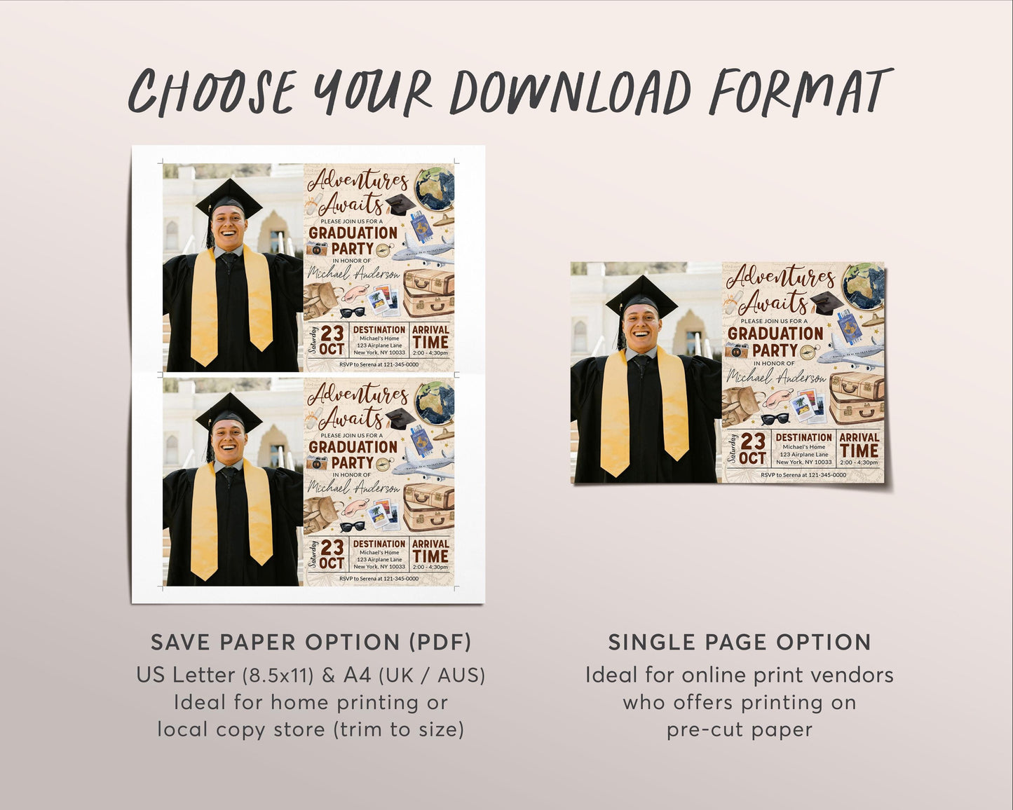 Farewell Graduation Invitation With Photo Editable Template, Travel Grad Announcement Party Invite, Around the World College High School Map