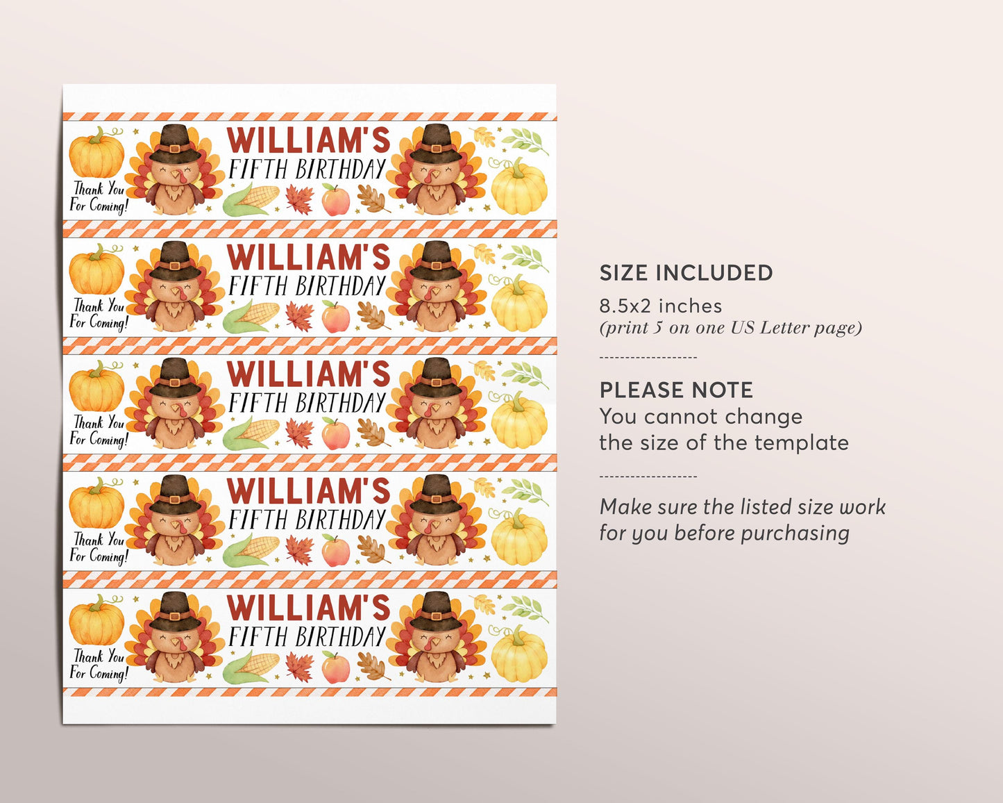 Little Turkey Water Bottle Labels Editable Template, Kids Thanksgiving Theme Birthday Bottle Wrapper Drink Tags, Autumn Fall Bottle Wraps