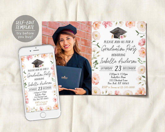 Graduation Floral Invitation With Photo Editable Template, Blush Floral Grad Announcement Party Invite for Her, College High School Evite