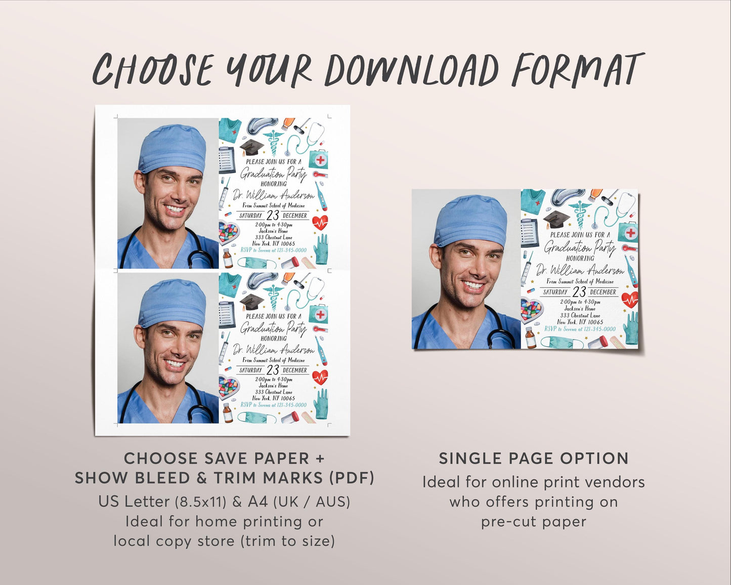 Doctor Graduation Invitation With Photo Editable Template, Medical School Grad Announcement Party Invite Men Women, Physician MD DR Evite