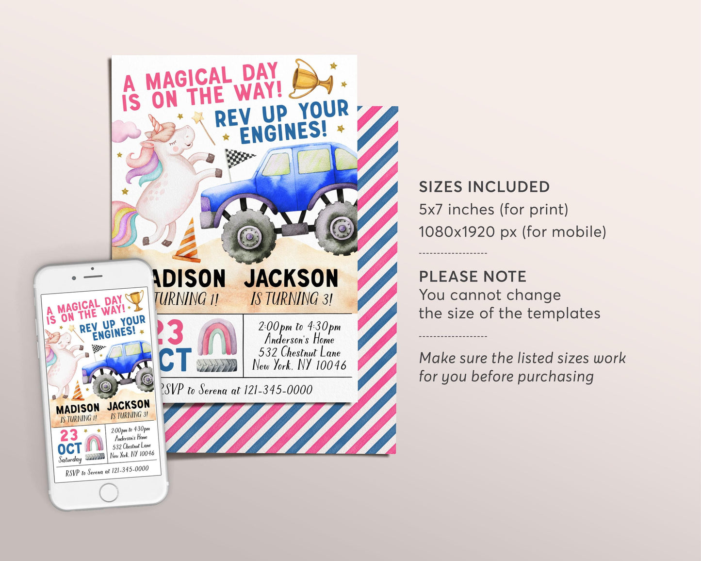 Unicorn And Monster Truck Joint Siblings Birthday Invitation Editable Template, Boy Girl Twins Rev Your Engines Magical Day Party Invite