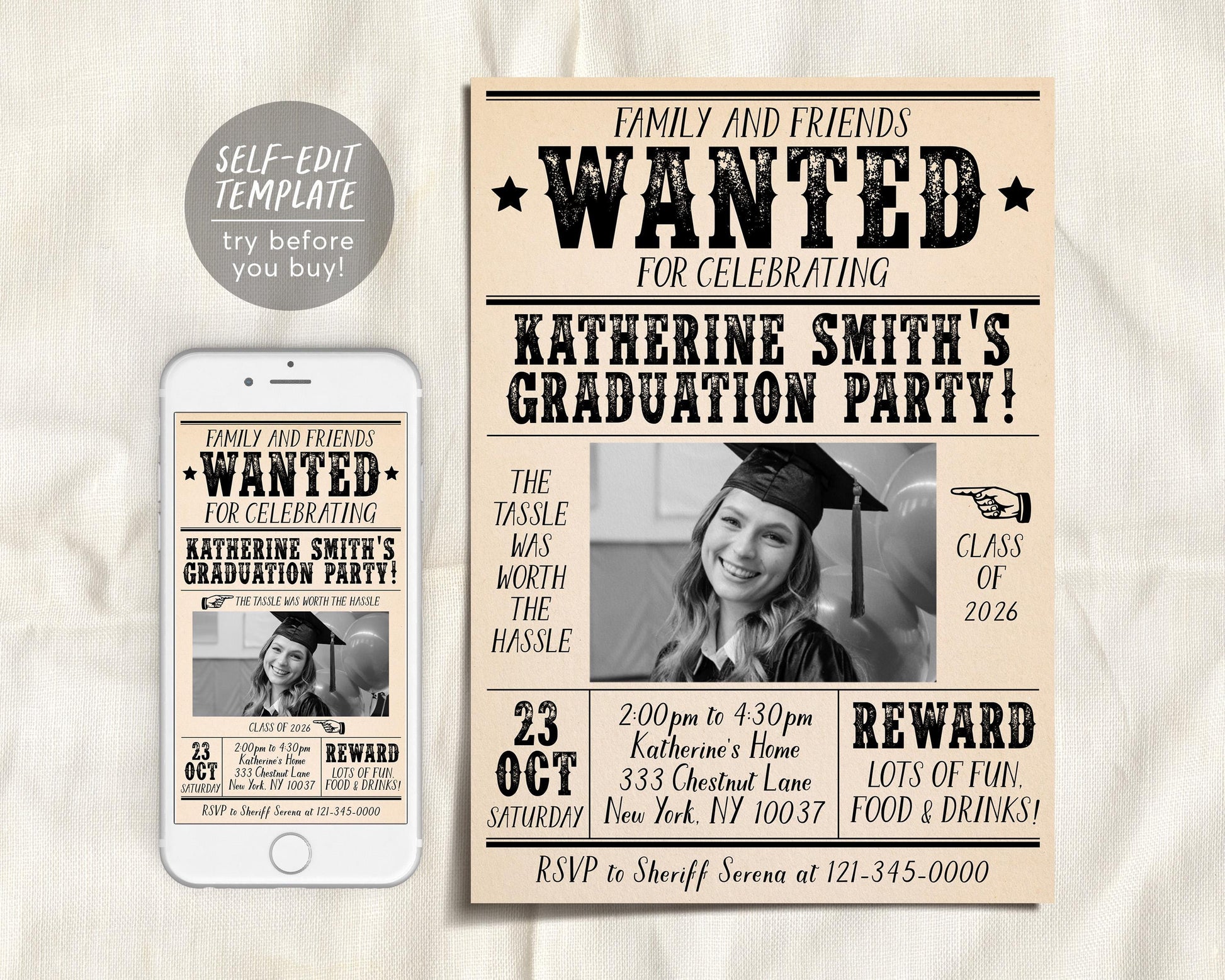 Graduation Wanted Poster Invitation Editable Template