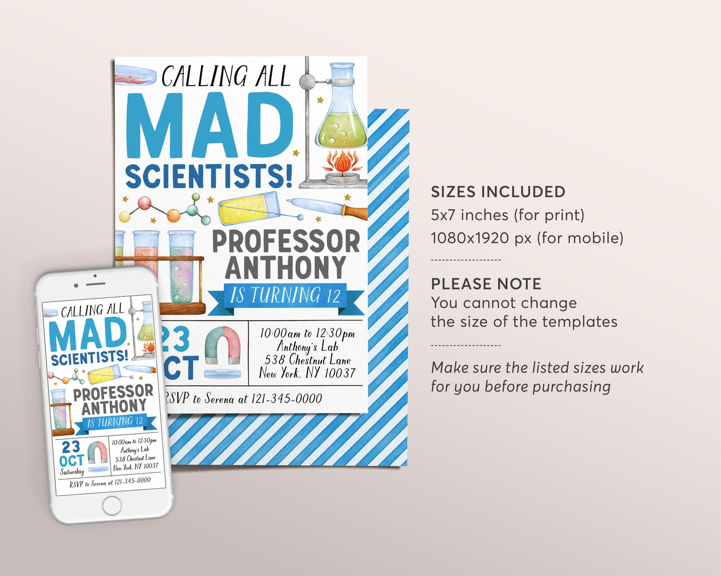 Science Birthday Invitation Editable Template, Boy Calling All Mad Scientists Party Invite, Kid Professor Experiment Science Lab Party Evite
