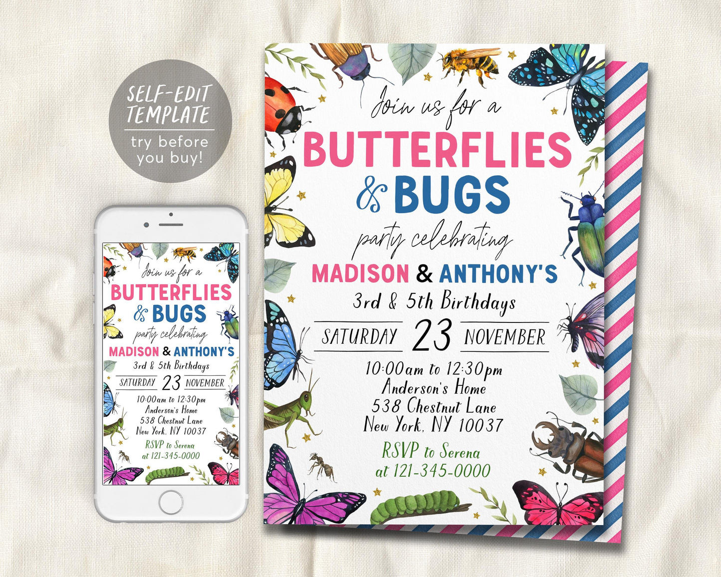 Butterflies and Bugs Joint Siblings Birthday Invitation Editable Template