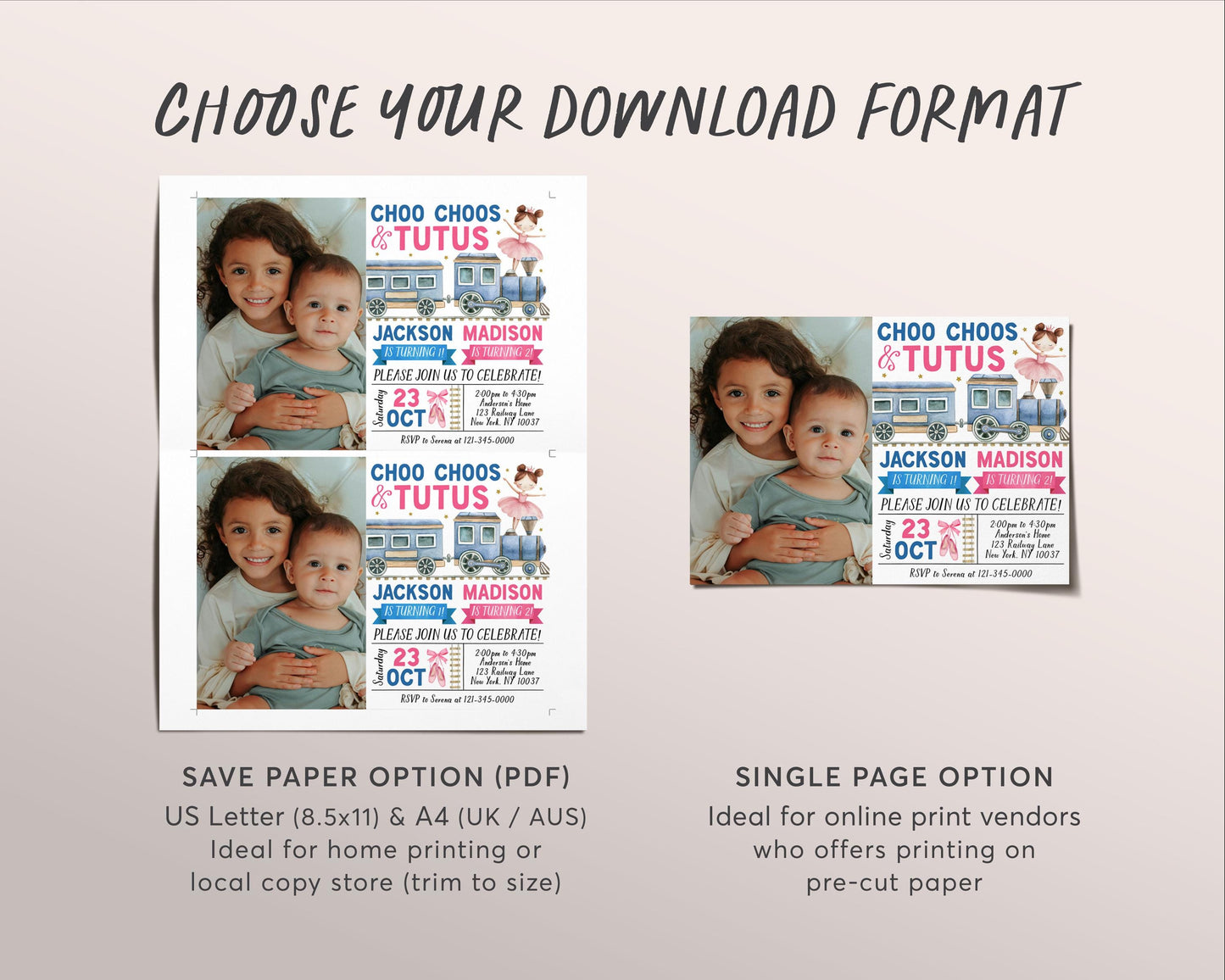 Choo Choos and Tutus Joint Siblings Birthday Invitation With Photo Editable Template, Girl Boy Train Ballerina Boarding Pass Party Invite