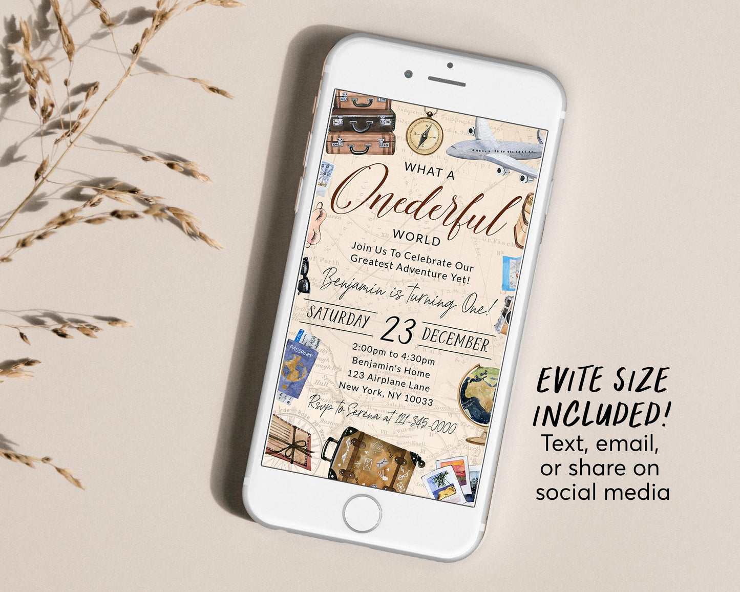 What A Onederful World First Birthday Invitation Editable Template, Travel Around the World Party Invite, Vintage World Map Plane Evite