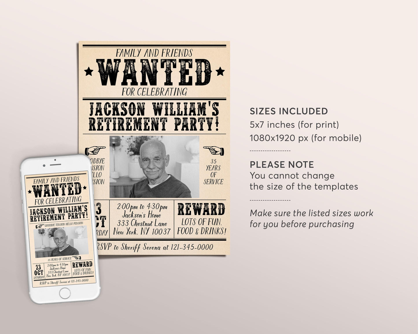 Retirement Wanted Poster Invitation Editable Template, Retire Western Surprise Party Any Job Newspaper Invite, Career Farewell Card Evite