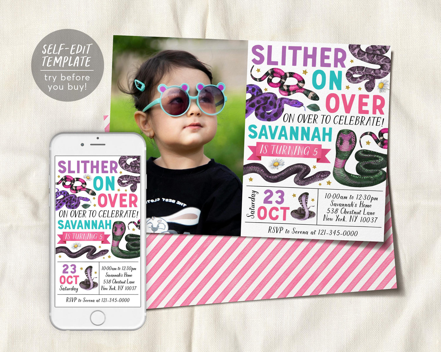 Snake Birthday Invitation With Photo Editable Template