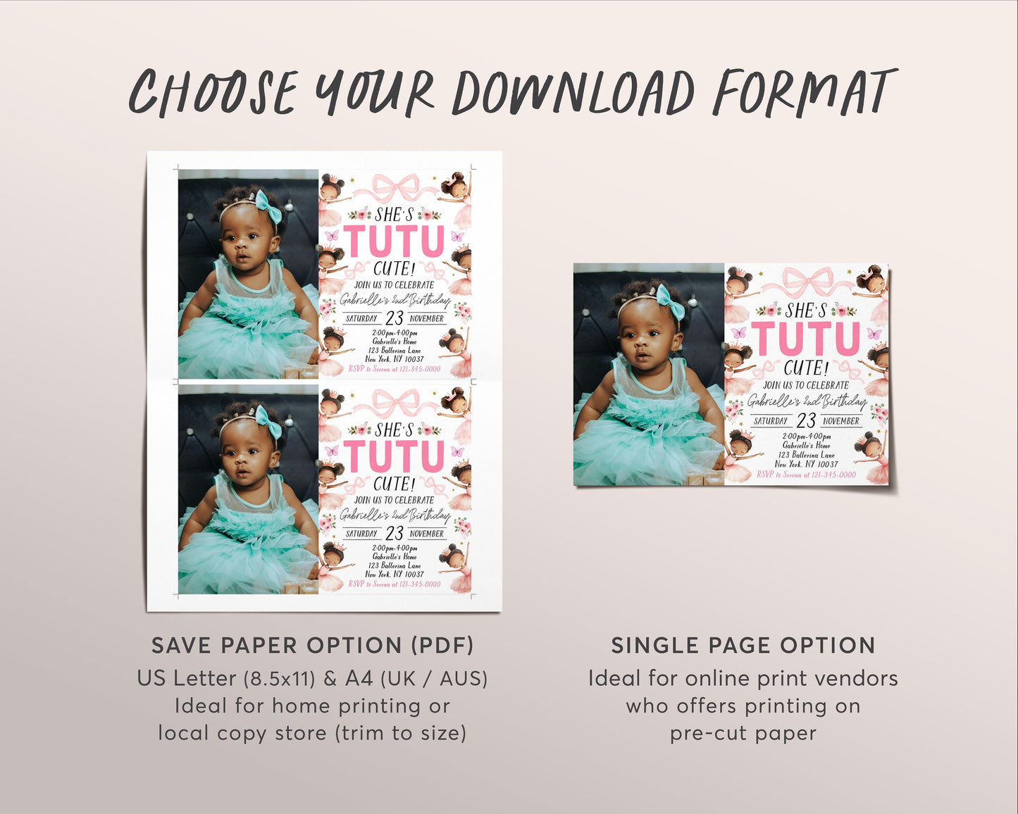 Tutu Cute 2nd Birthday Invitation With Photo Editable Template, Black Ballerina Second Birthday Invite, Pink Ballet Dance Floral Bow Evite