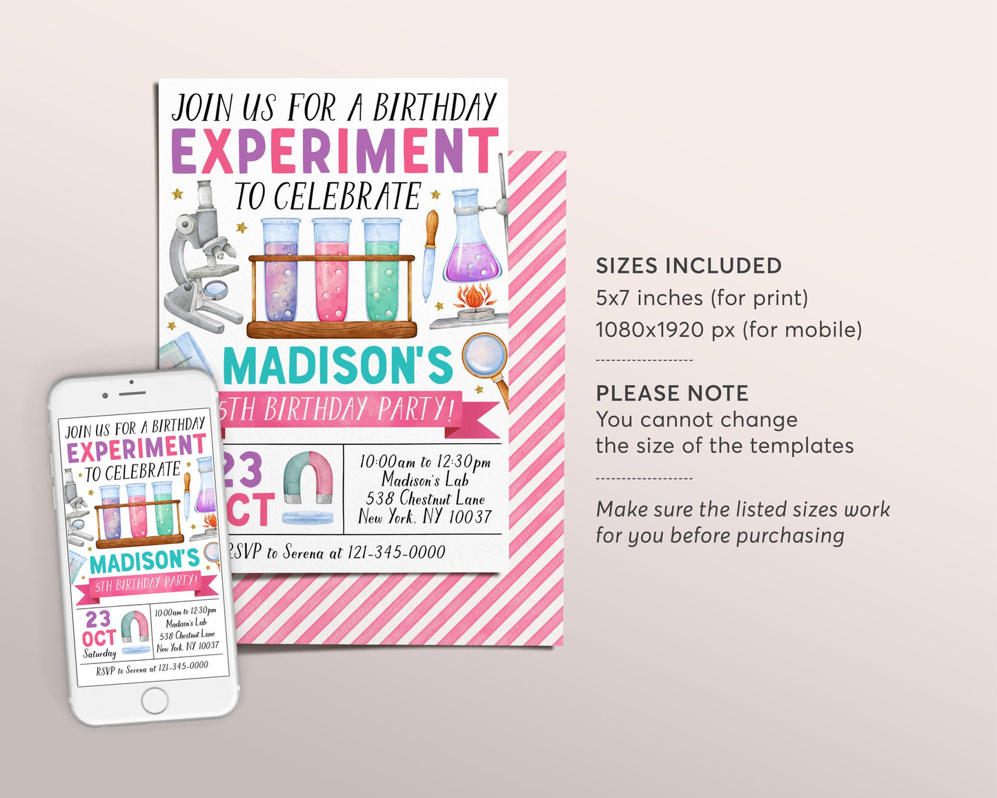 Science Birthday Invitation Editable Template, Girl Birthday Experiment Party Invite, Kids Science Lab Calling Mad Scientists Party Evite