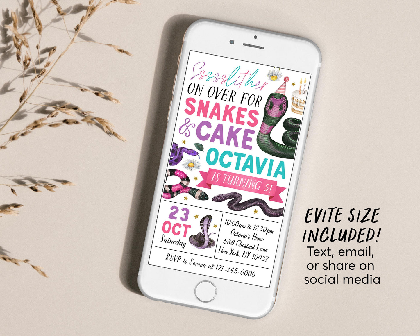 Snake Birthday Invitation Editable Template, Girl Snake And Cake Nature Theme Party Invite, Kids Slither On Over Floral Daisy Outdoor Evite