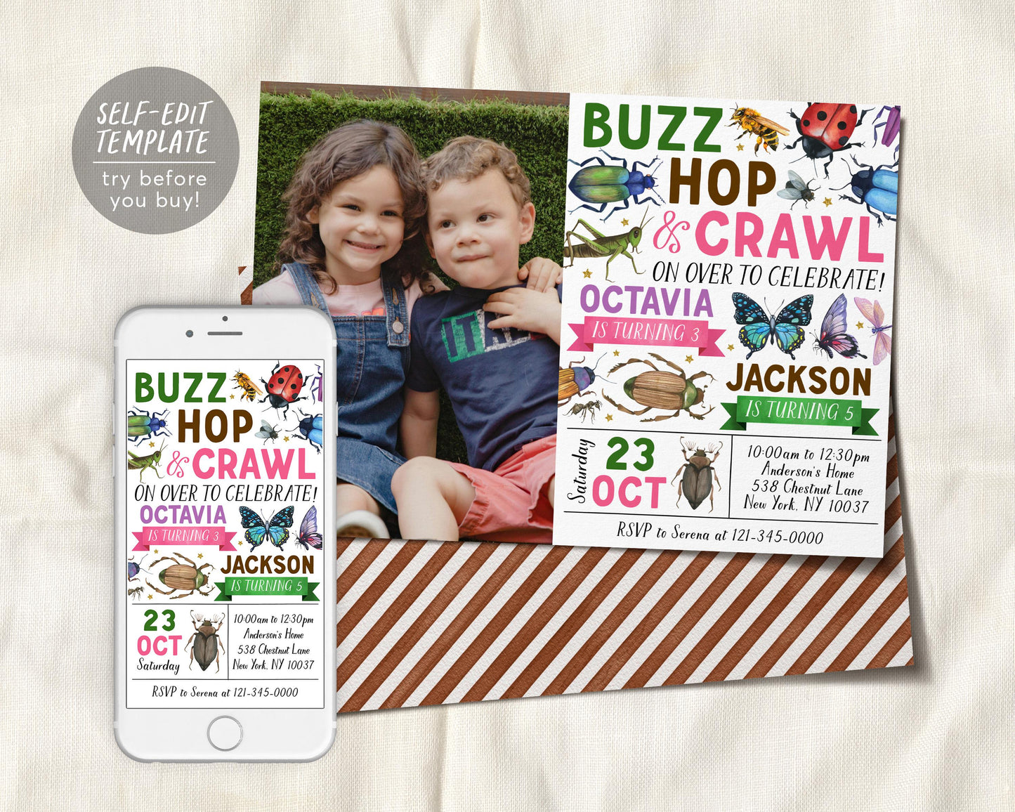 Insect Bugs Joint Siblings Birthday Invitation With Photo Editable Template