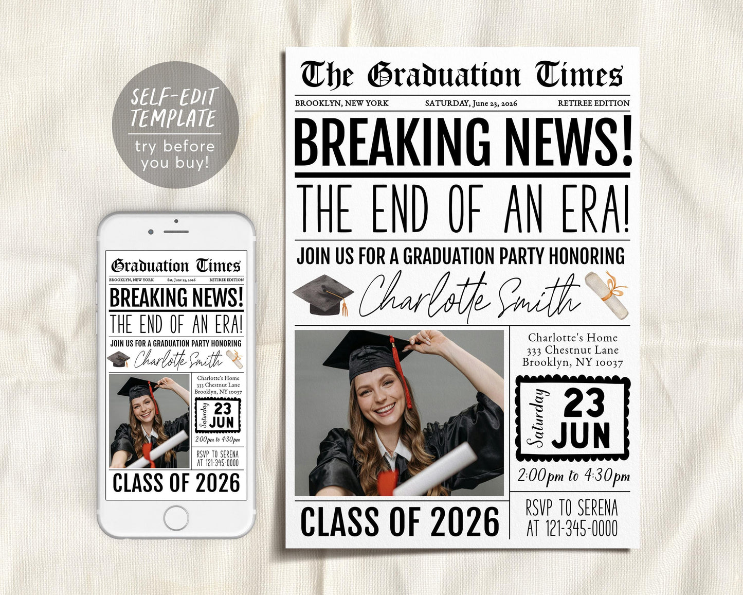 Graduation Newspaper Invitation Editable Template