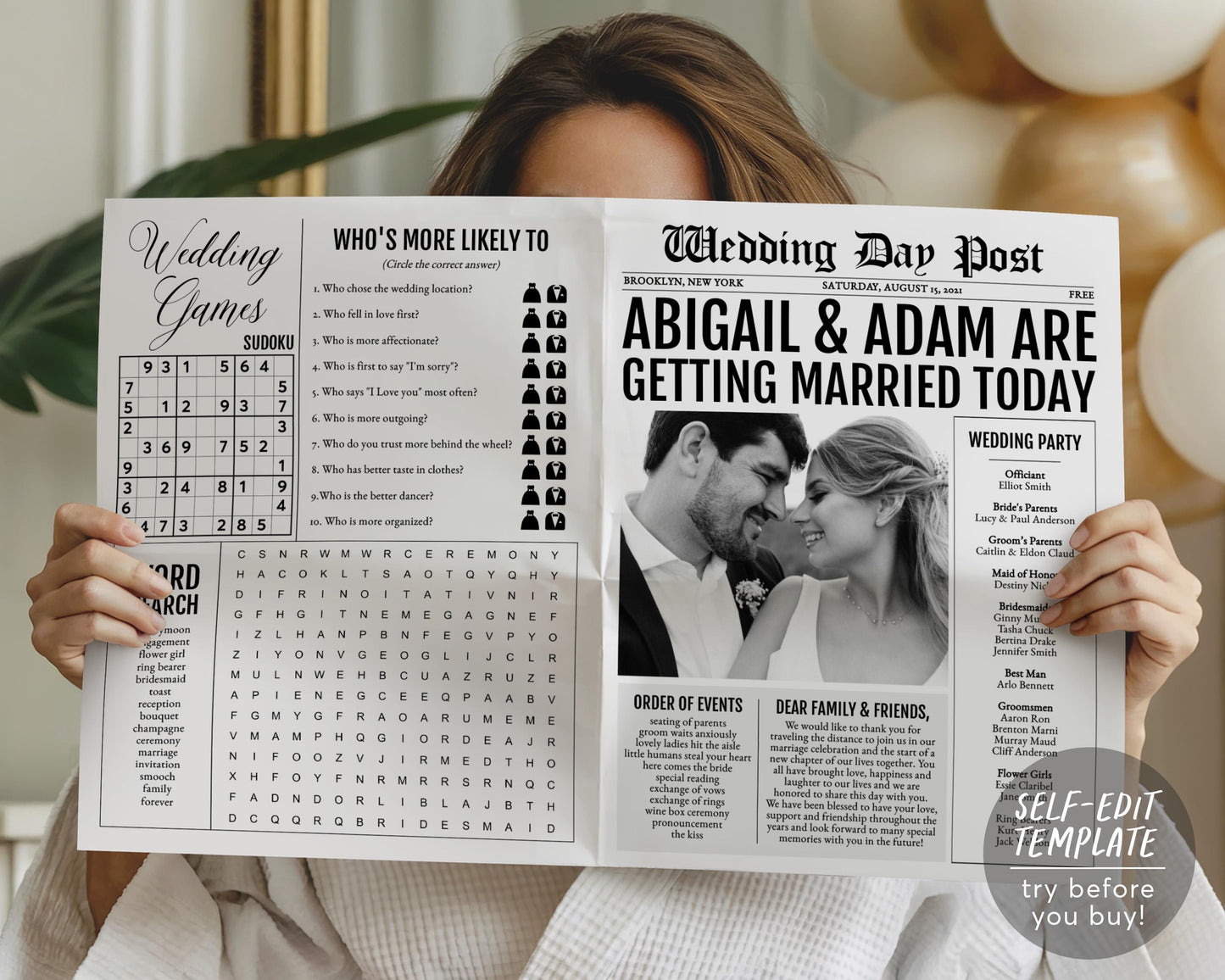 Large Newspaper Jewish Wedding Program Editable Template, Folded Jewish Wedding Ceremony Steps Guide Infographic, Religious Wedding Ritual