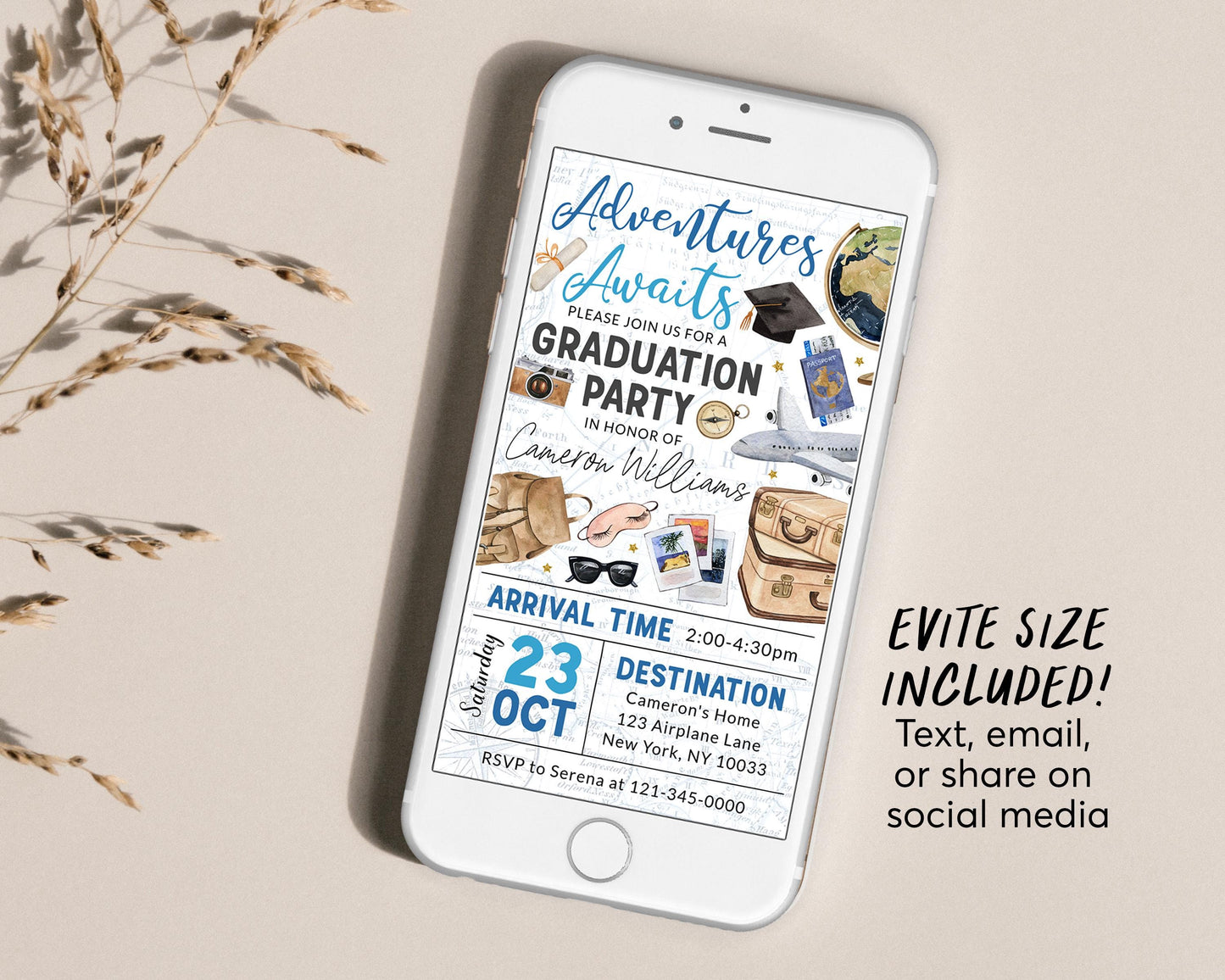 Farewell Graduation Invitation With Photo Editable Template, Travel Grad Announcement Party Invite, Around the World College Vintage Map