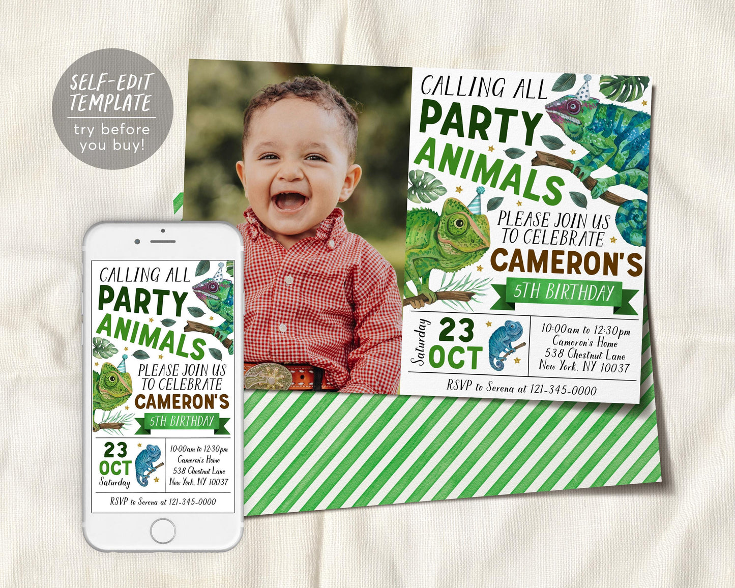 Chameleon Birthday Invitation With Photo Editable Template