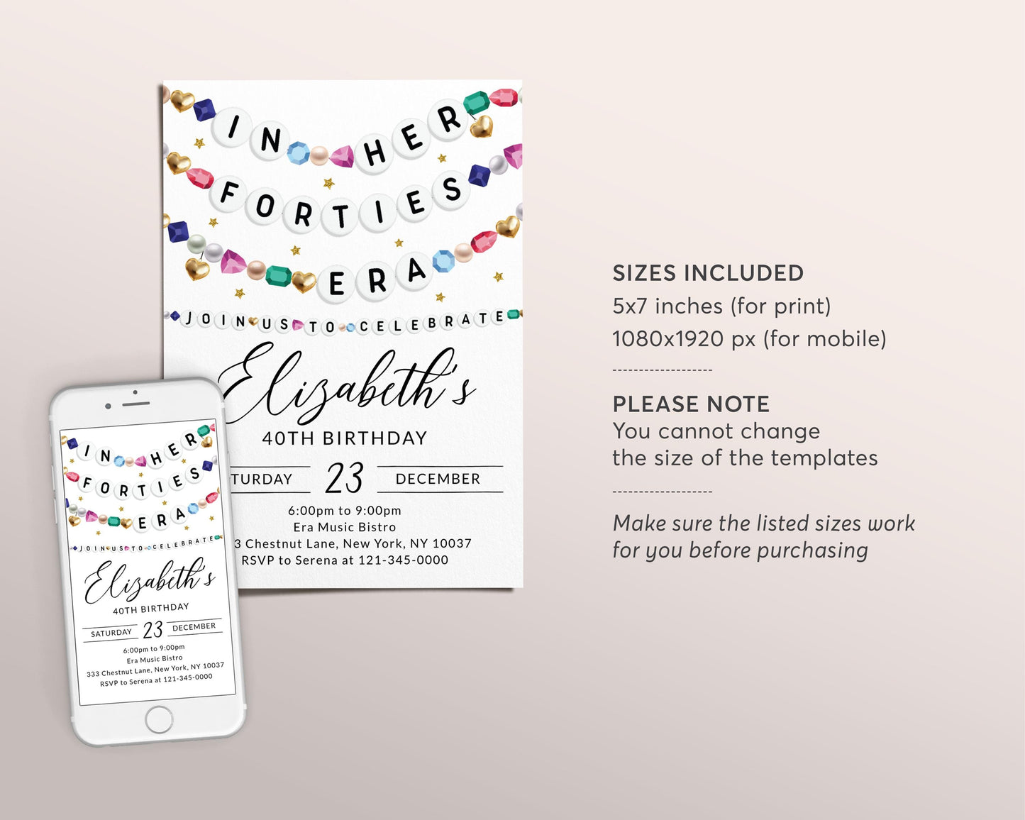 In My Forties Era Invitation Editable Template, Friendship Bracelet Party Invite, Fortieth 40th Birthday Girl Eras Music Party Gems Evite