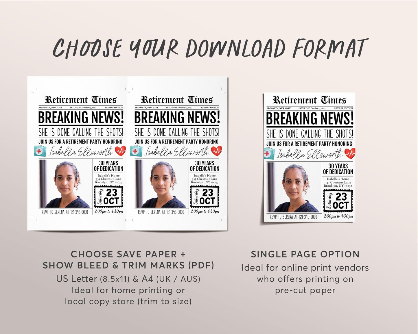 Nurse Retirement Invitation Editable Template, RN Retirement Party Newspaper Invite, Surprise Done Calling The Shots Doctor Retire Evite