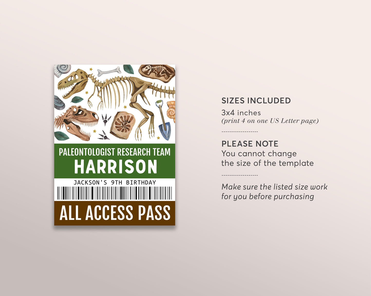 Dinosaur Party ID Badge VIP Pass Editable Template, Paleontologist Dig Site All Access Pass, Fossil Dino Bones Jurassic T-Rex Party Name