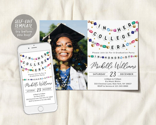 In Her College Era Invitation With Photo Editable Template