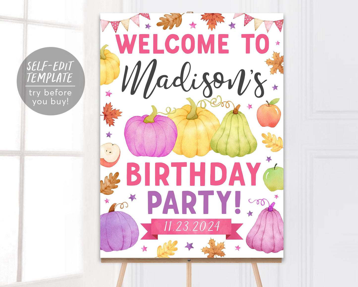 Pumpkin Welcome Birthday Sign Editable Template