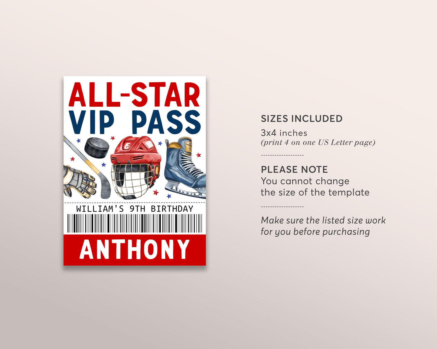 Ice Hockey Birthday All Star VIP Pass Editable Template, Ice Skating Rink Hockey Party All Access Pass, Guest Name Tag Insert ID Badge Team