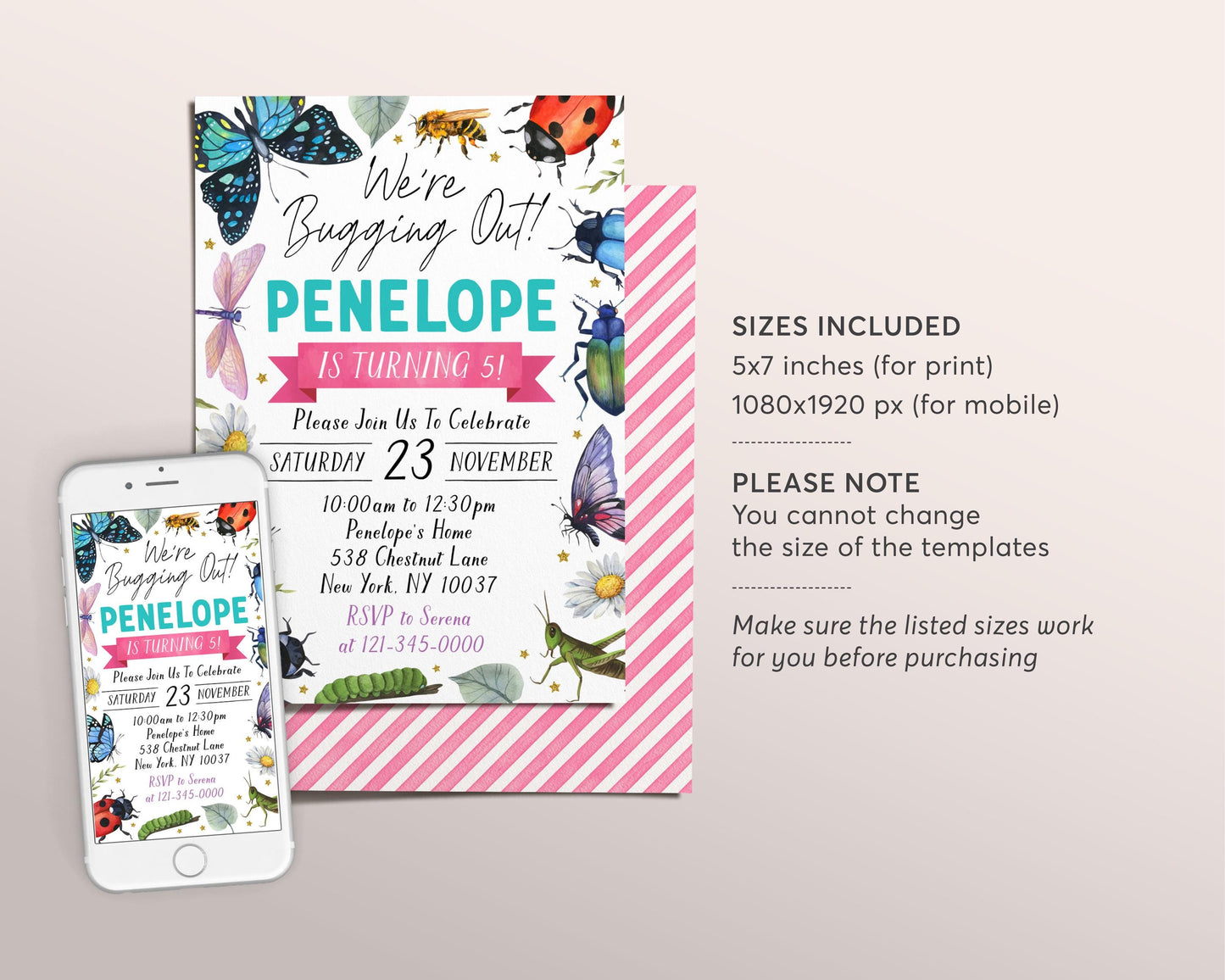Bugs Insect Birthday Invitation Editable Template, Girl We're Bugging Out Party Invite, Kids Butterfly Dragonfly Ladybug Hunt Garden Evite