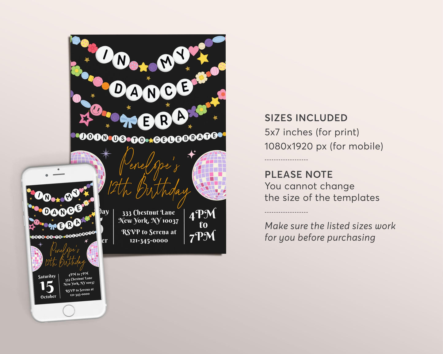 In My Dance Era Invitation Editable Template, Dance Friendship Bracelet Party Invite, Birthday Girl Eras Ballet Party Disco Black Gold Evite