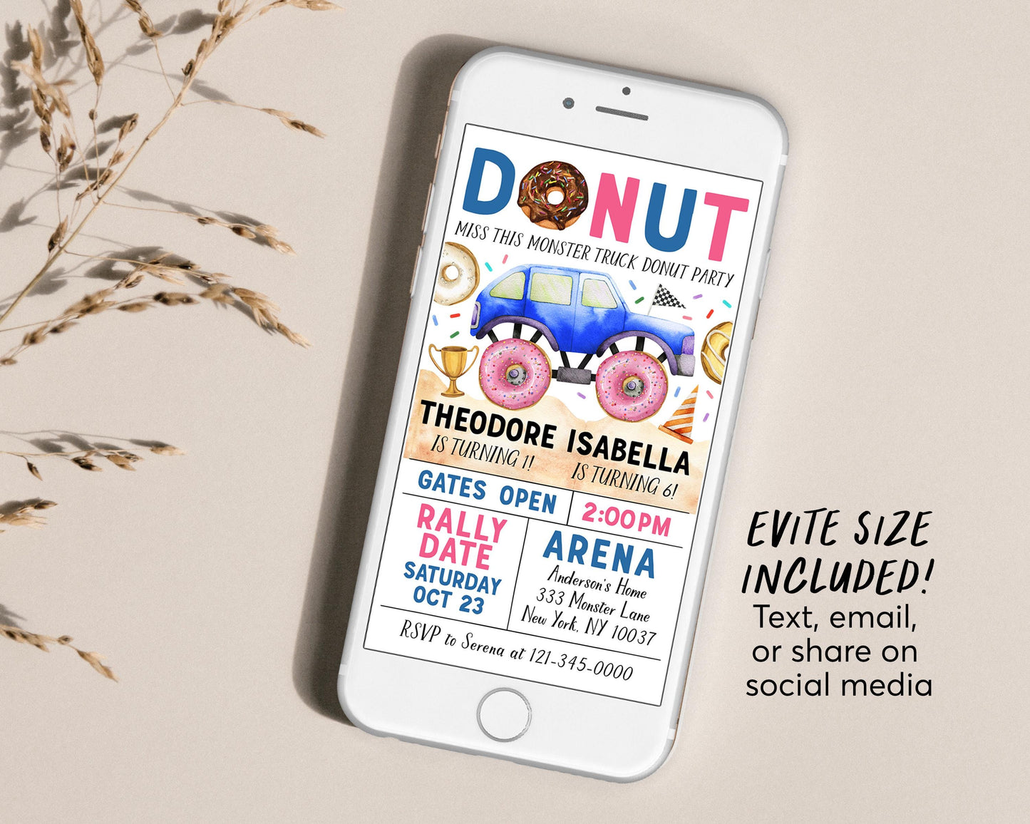 Monster Truck And Donuts Joint Siblings Birthday Invitation With Photo Editable Template, Boy Girl Twins Donut Truck Party Bash Invite Evite