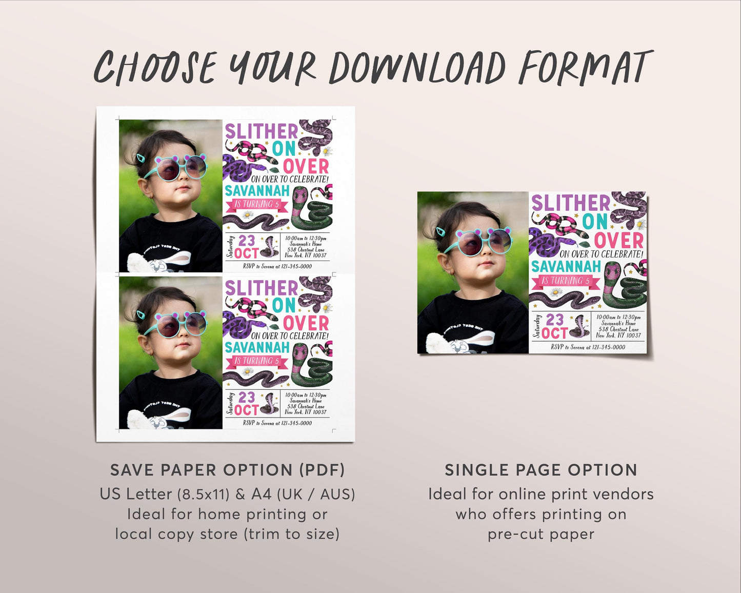 Snake Birthday Invitation With Photo Editable Template, Girl Slither On Over Reptile Show Nature Theme Party Invite, Kids Outdoor Evite
