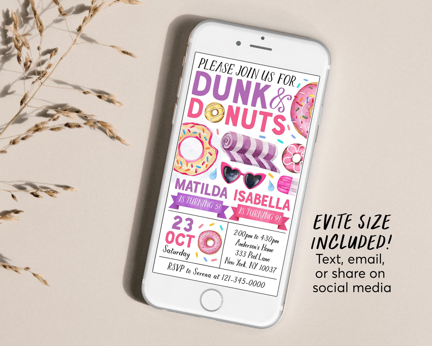Donut Pool Party Joint Siblings Birthday Invitation Editable Template, Girls Sisters Twins Dunk and Donuts Invite, Summer Swimming Evite