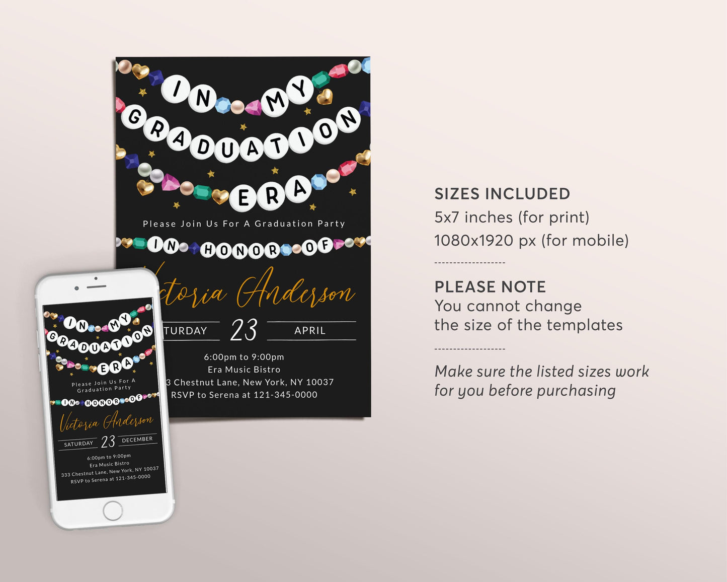 In My Graduation Era Invitation Editable Template, Graduating Class Friendship Bracelet Party Invite, Grad School Party Black Gold Evite