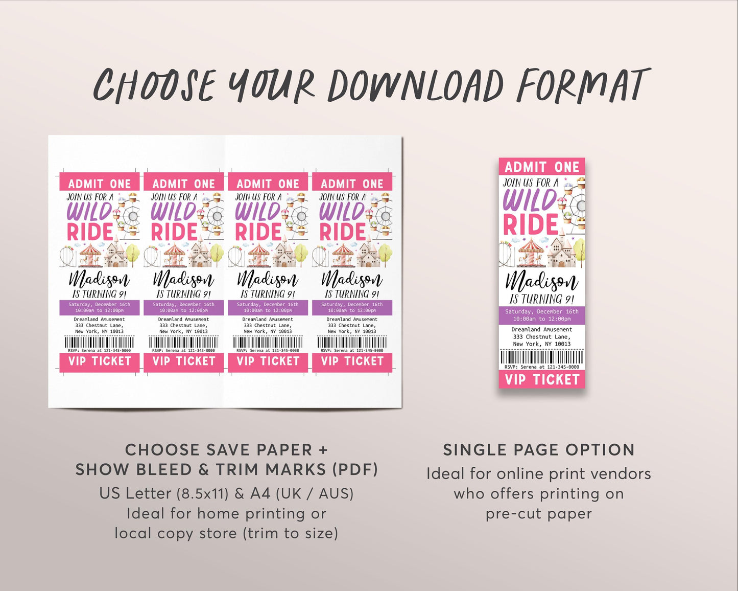 Amusement Park Birthday Ticket Invitation Editable Template, Girl Theme Park Castle Party Invite, Carnival Wild Ride Ferris Wheel Evite