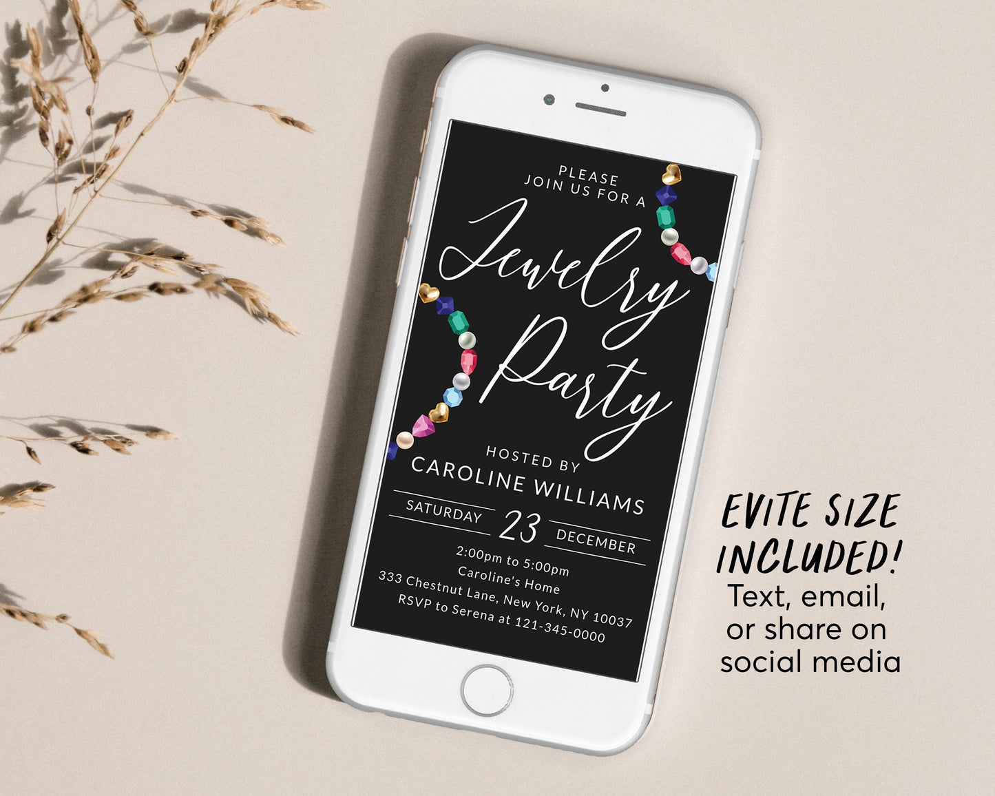 Jewelry Party Invitation Editable Template, Jewelry Making Workshop Invite, Jewellery Exchange Beads Gems Stones Evite Black Printable
