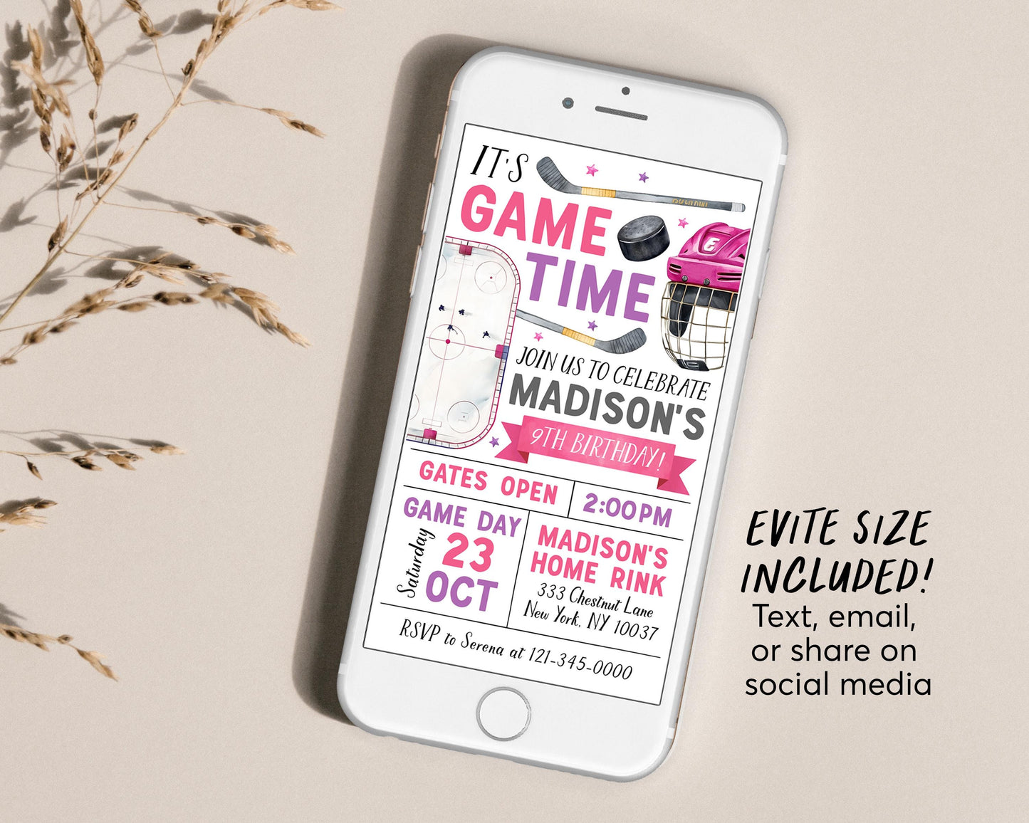 Ice Hockey Birthday Invitation Editable Template, Pink Ice Skating Rink Hockey Theme Invite, Girl Sports It's Game Time Puck Stick Evite