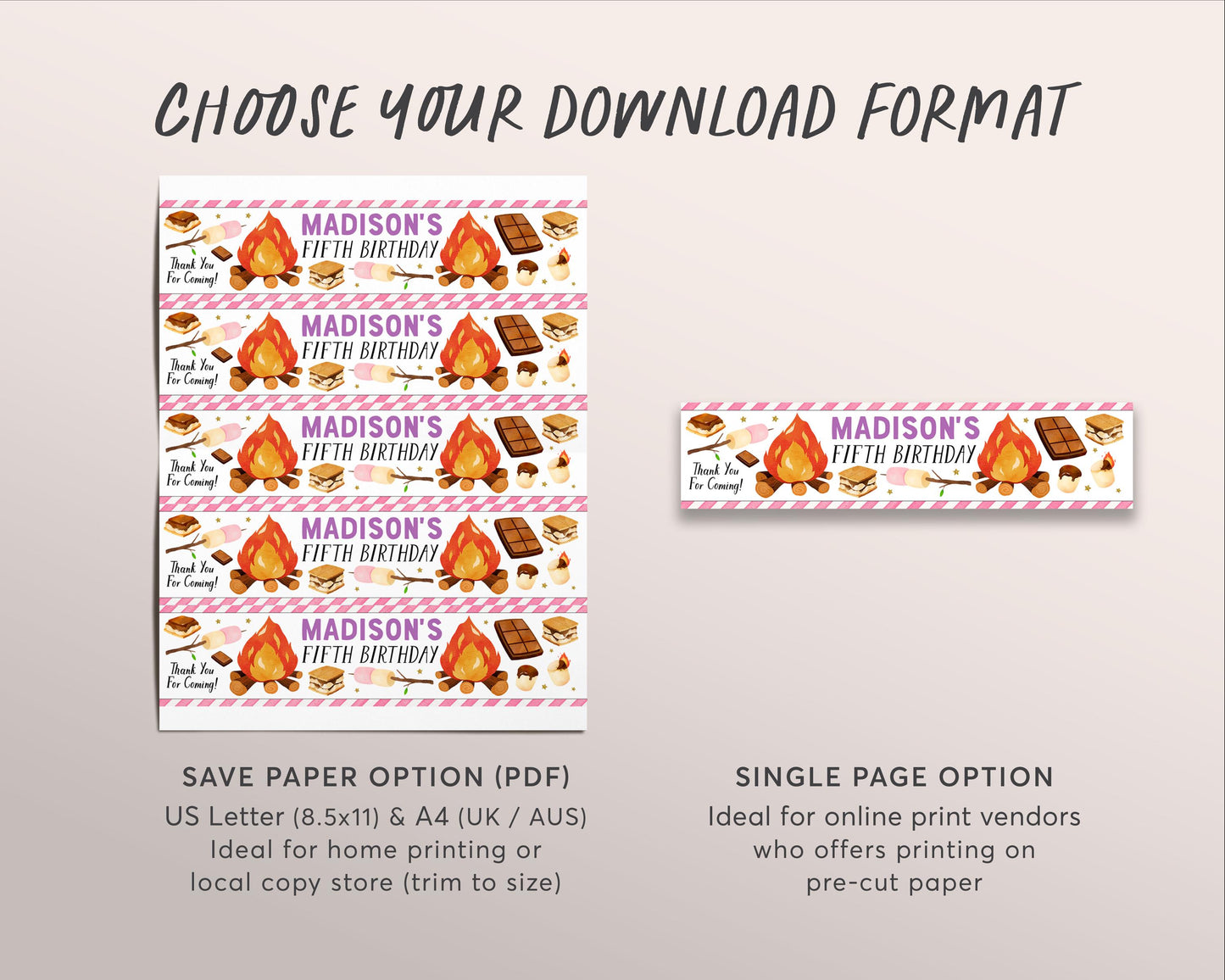 S'mores Party Water Bottle Labels Editable Template, Smores Bonfire Campfire Birthday Party Bottle Wrapper Drink Tag, Backyard Camping Wrap