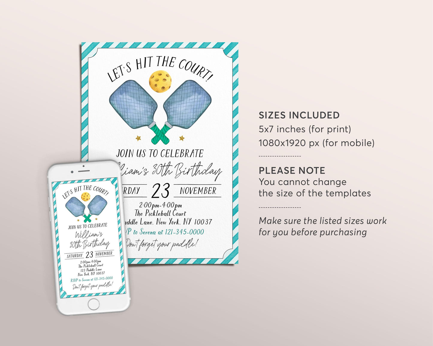 Pickleball Birthday Invitation Editable Template, Lets Hit the Court Party Invite, Sports Pickleball Theme 30th 40th 50th Birthday Evite