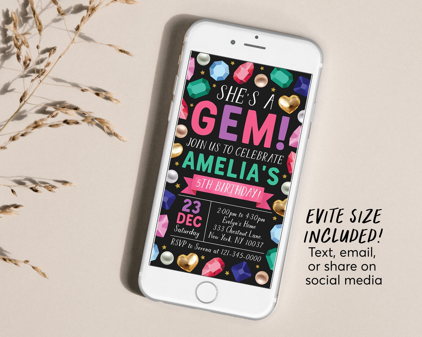 Gems Birthday Invitation With Photo Editable Template, She's A Gem Party Invite, Gemstones Geode Rocks Crystal Our Little Gem Black Evite